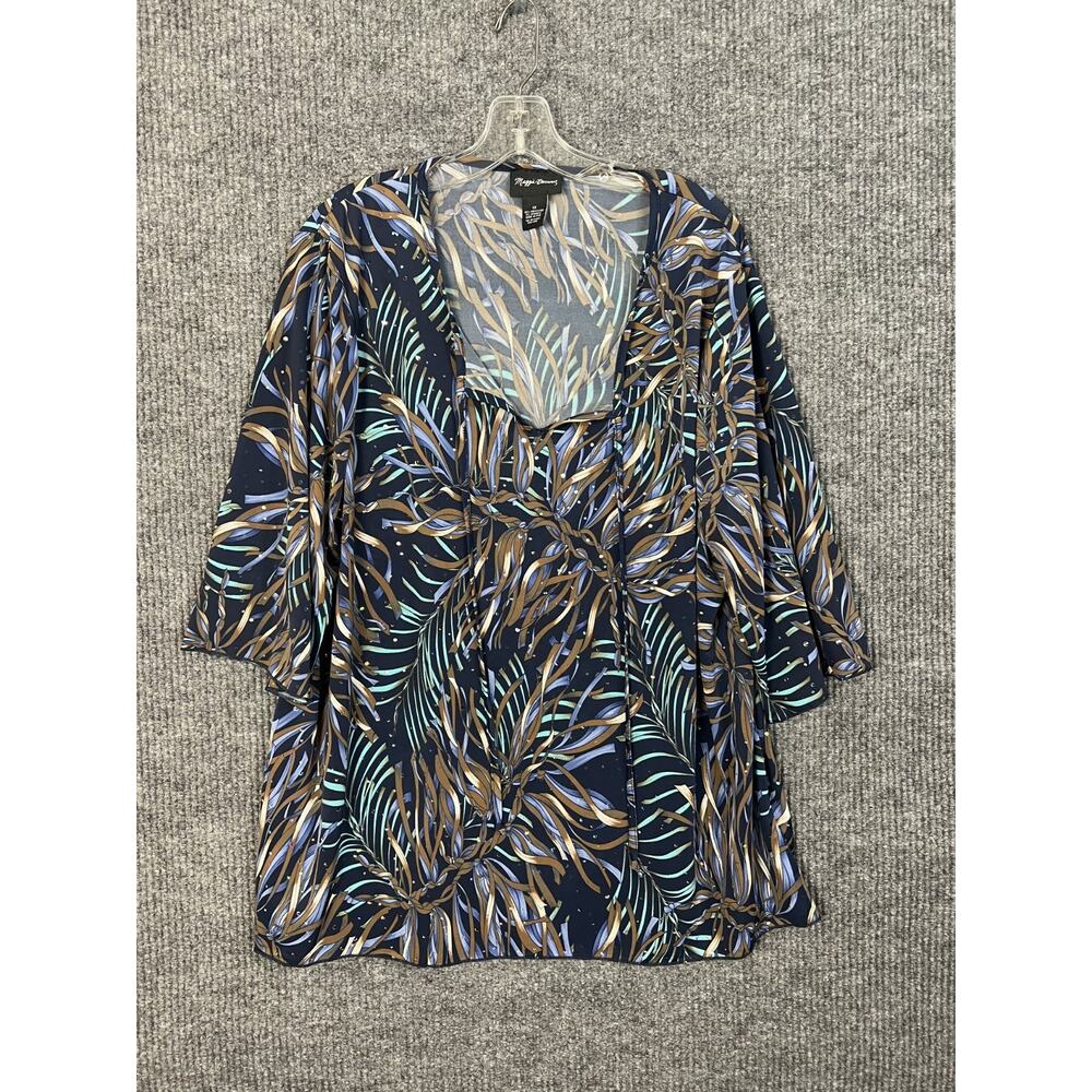 Maggie Barnes Blouse Womens 1X Short Sleeve Tropical Sequins Mature V Neck
